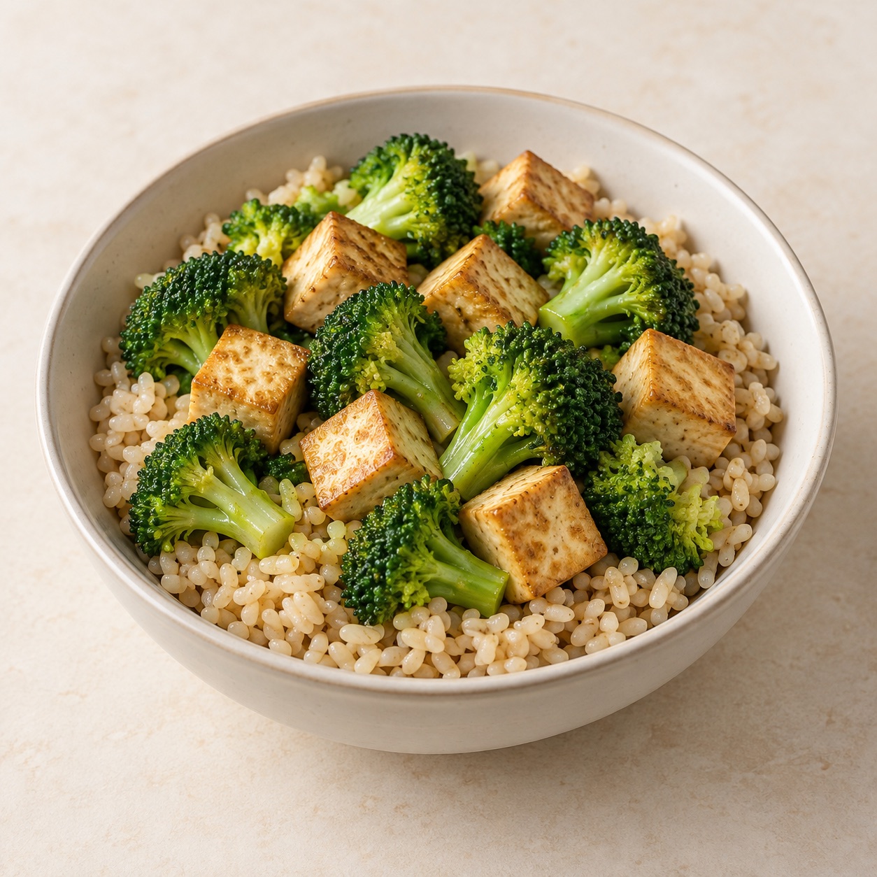 Tofu and broccoli rice bowl — AI-generated food illustration